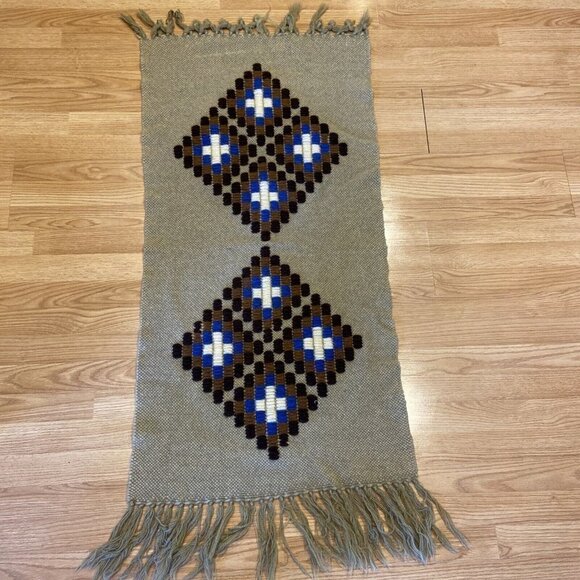 Vintage 70s Boho Tapestry Rug Coverlet Wall Hang Wool Tan - Picture 1 of 5